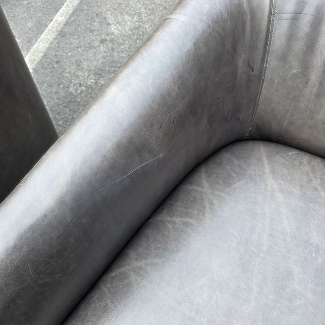 Pair of Restoration Hardware 1950s Italian Shelter Charcoal Gray Distressed Leather Swivel Club Chairs For Sale - Image 13 of 13