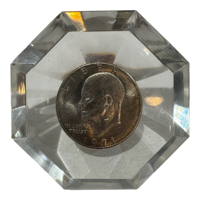 1971 Eisenhower Dollar Coin Encased in Faceted Lucite Acrylic Paperweight For Sale