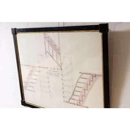 Framed circa 1900s french architectural draftsman staircase drawing with a pink wash This piece is attributed to the...