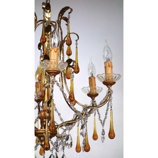 Gilded Metal and Murano Glass Drop Chandelier, 1940s For Sale - Image 9 of 12