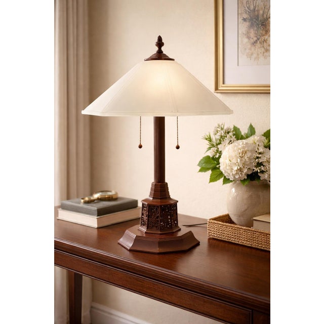 Chestnut Vintage Asian-Inspired Pagoda Table Lamp With Fretwork Base For Sale - Image 8 of 10