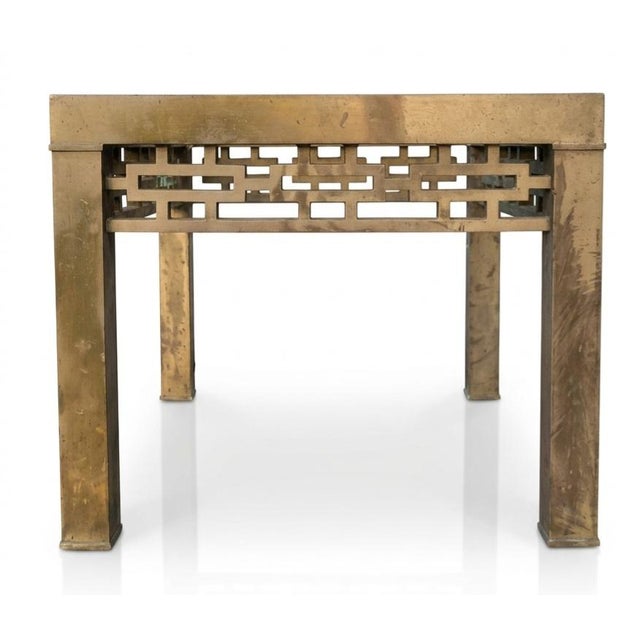 Chinoiserie Brass and Marble Side or Coffee Table. It features a traditional pierced lattice / fretwork apron (often...