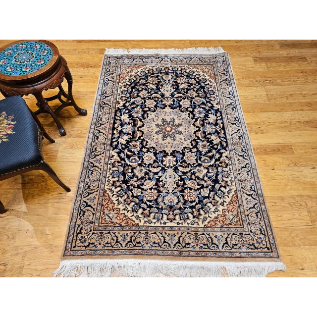 Vintage Persian Nain Area Rug, Hand-Knotted Wool & Silk, Floral Pattern, 4x6, Navy & Ivory For Sale - Image 9 of 18