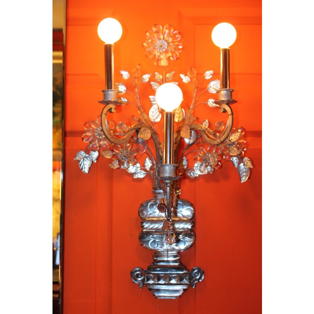 1930s Monumental Signed Maison Bagues France Crystal Floral Bouquet Wall Sconces a - Pair For Sale - Image 5 of 12