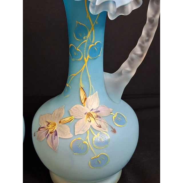 Antique Pair Victorian Blue Satin Cased Glass Pitcher Ewers Hand Painted Orchids Frosted Coral Branch Handles Ruffled Rim - a Pair For Sale - Image 9 of 18