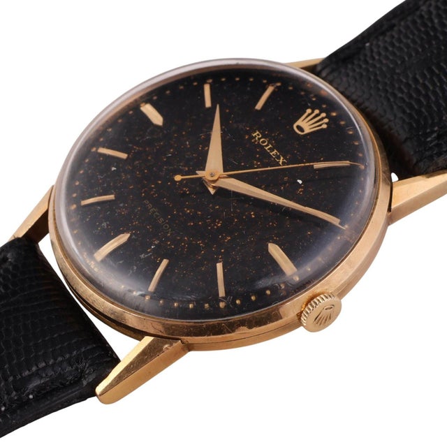 An extremely unique Rolex speckled gold and black dial 33mm Precision model watch in 18k gold. Vintage Rolex Precision...