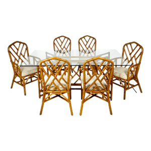 Vintage Chinese Chippendale Rattan Dining Set- Table and 6 Chairs