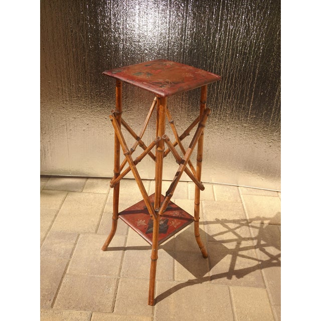 Chinoiserie Vintage Chinese Asian Bamboo Side Table Plant Stand Red Chinoiserie Top For Sale - Image 3 of 15