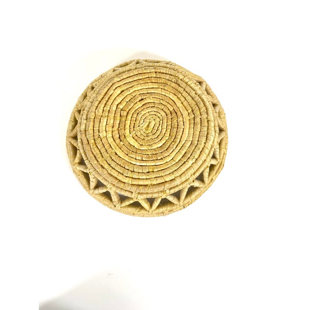 Mid 20th Century Vintage African Coiled Straw Basket Natural Beige Raffia Hand Woven Wall Basket For Sale - Image 5 of 8
