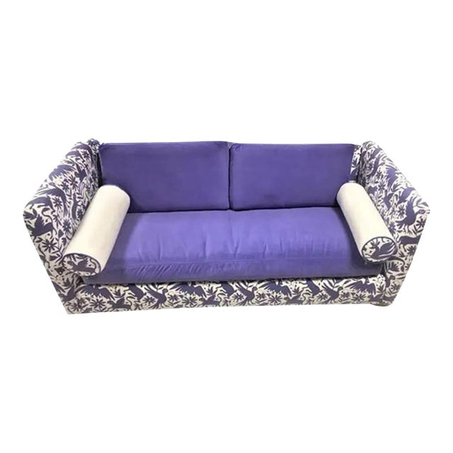 Otomi Print and Velvet Upholstery on Large Mid 20th Century Vintage Hollywood Regency Tuxedo Sofa For Sale