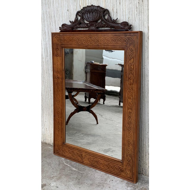 Antique Geometrical Marquetry Inlaid Mahogany Mirror with Carved Crest For Sale - Image 17 of 18