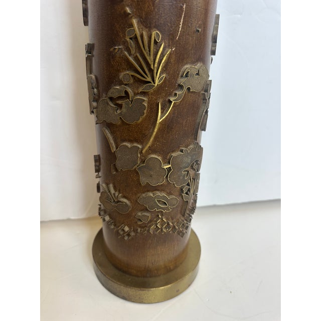 1970s Vintage Wood and Metal Wallpaper Roller Table Lamps -a Pair For Sale - Image 5 of 14