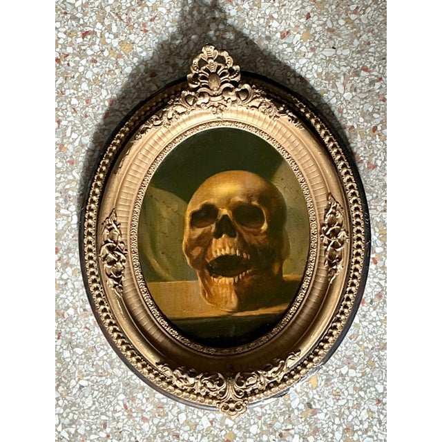 Vintage Skull Oil Painting in Ornate Frame For Sale - Image 10 of 12