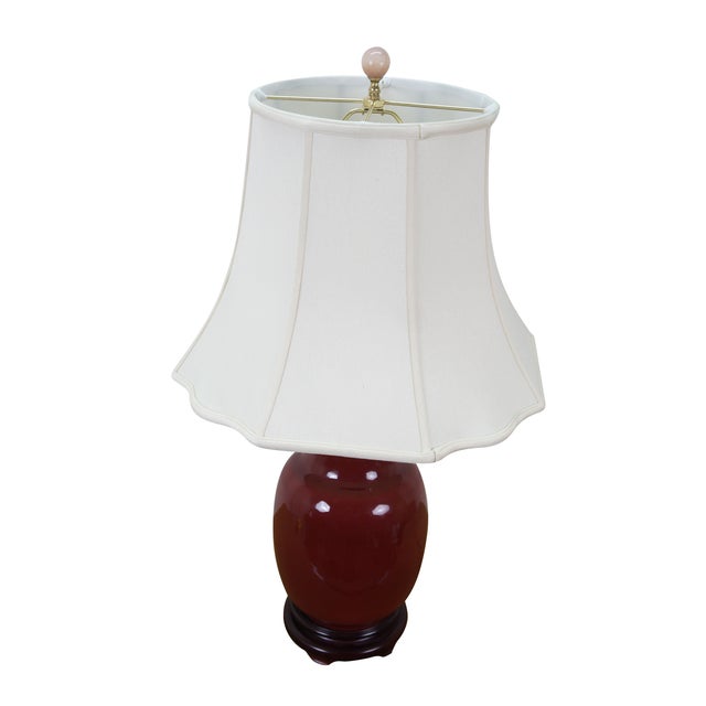 Chinese Late 20th Century Chinese Chinoiserie Oxblood Red Porcelain Mantel Vase Urn Table Lamp 34" For Sale - Image 3 of 17