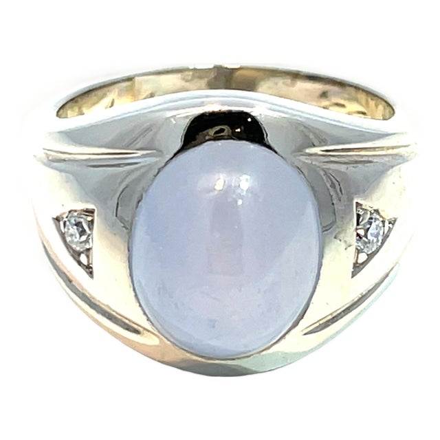 14k White Gold Oval Star Sapphire & Diamond Ring, Size 7.75 For Sale