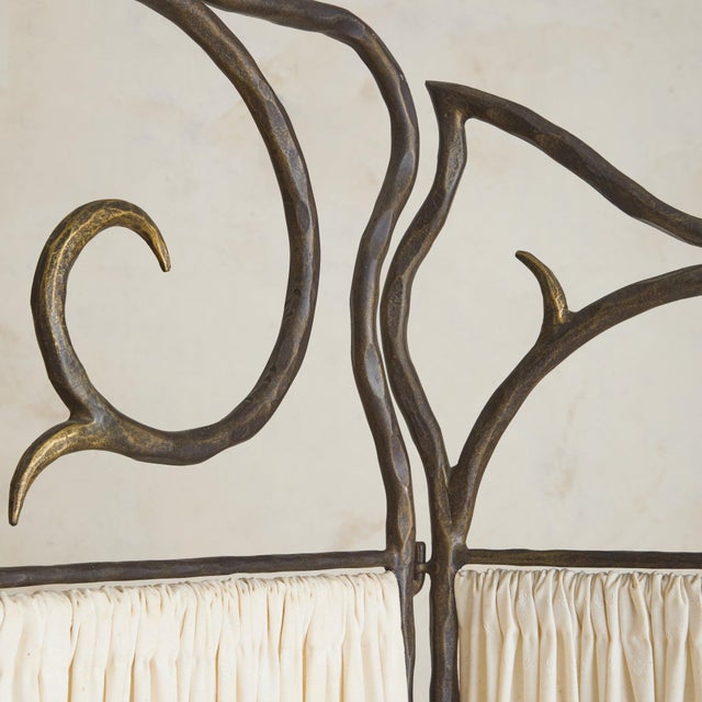 Metal Vintage French Four-Panel Hammered Iron Folding Screen with Pleated Fabric For Sale - Image 7 of 11