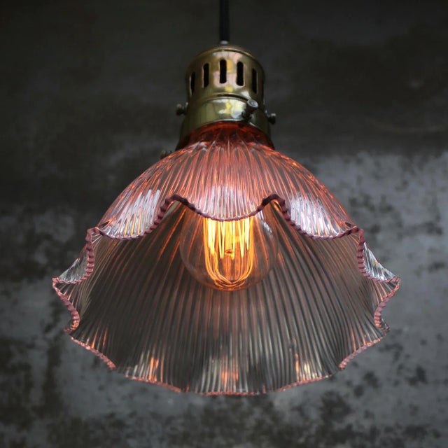 Vintage Glass and Brass Pendant Light from Holophane For Sale - Image 4 of 7