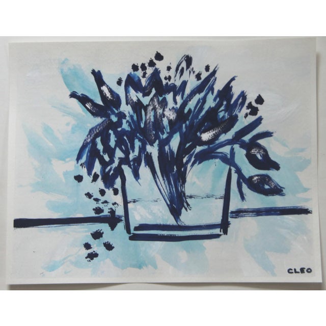 Abstract floral still life in blue a la Matisse, over a soft gray wash. Abstract flowers in indigo and sky blue in a...