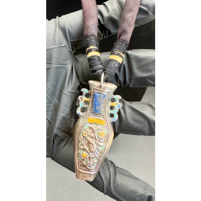 Antique Chinese Needle Case Pendant Necklace, Sterling Silver Lacquered For Sale In New York - Image 6 of 10