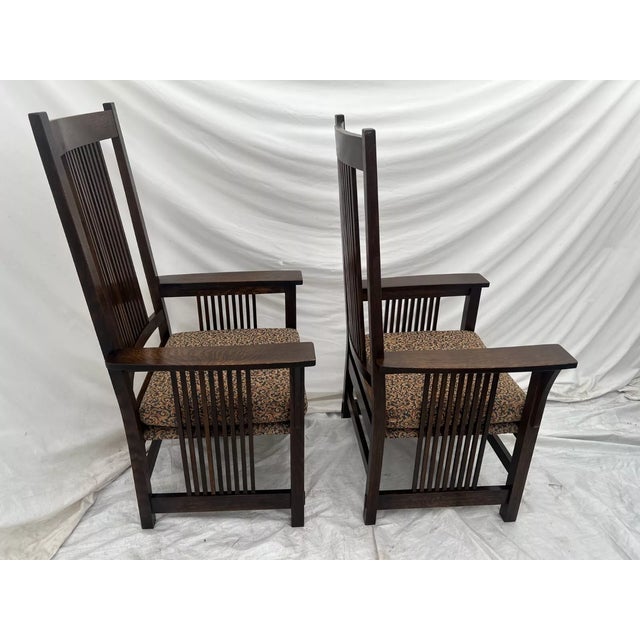 1990s Stickley Mission Arm Chairs Spindle Back and Sides Dark English