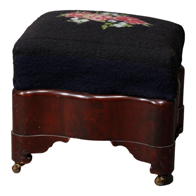 American Empire Mahogany & Floral Needlepoint Footstool Circa 1880 For Sale
