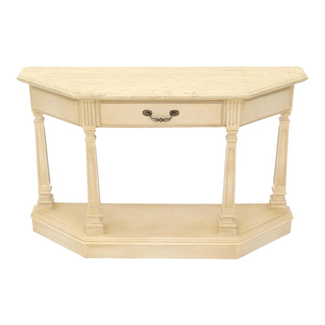 White Wash Finish One Drawer Wrap Around Shape Marble Top Console For Sale