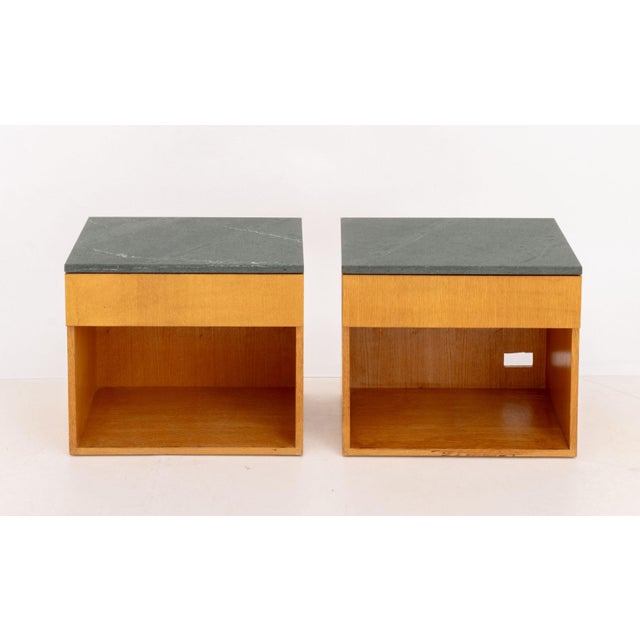 Pair of Modern Gray Stone Oak Bedside Tables, each with single drawer above open shelf. 19" H x 22" W x 16" D. Provenance:...