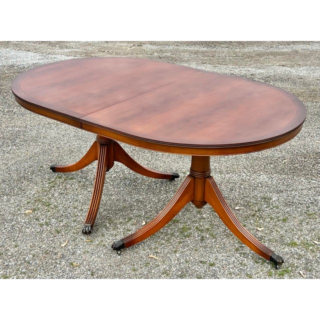 Traditional Yew Wood Double Pedestal Duncan Phyfe Style Dining Table For Sale - Image 3 of 8