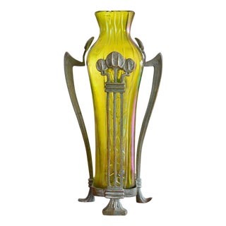 Art Nouveau Glass Vase with Bronze Holder attributed to Johann Lötz Witwe, 1890s For Sale