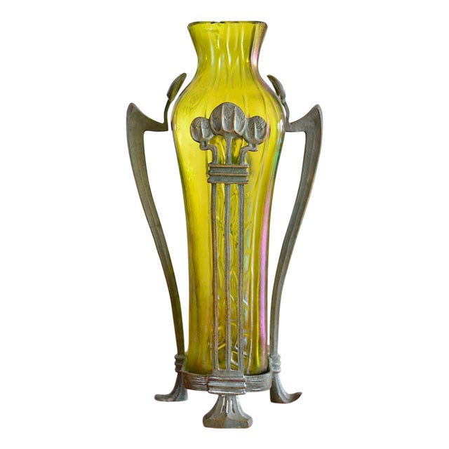 Art Nouveau Glass Vase with Bronze Holder attributed to Johann Lötz Witwe, 1890s For Sale