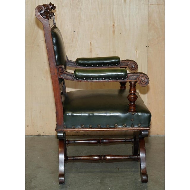 Antique English Hand Carved Throne Armchair in Green Leather, 1880 For Sale - Image 14 of 18