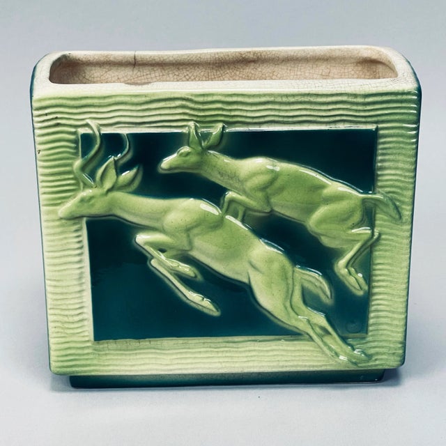 Art Deco Vintage Mid-Century Modern Royal Copley Springbok Gazelle Rectangular Ceramic Flower Vase Deco For Sale - Image 3 of 13