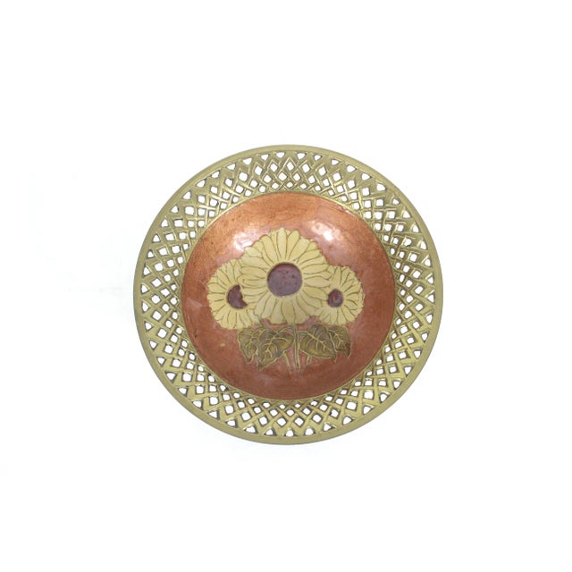 Width: 8.25 inches Height: 3.25 inches Beautiful, detailed, enamel solid brass dish. This is a footed dish with pierced...