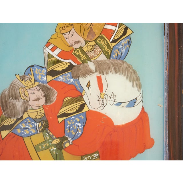 Turquoise Late Meiji to Tisho Era Antique Japanese Reverse Glass Painting For Sale - Image 8 of 18
