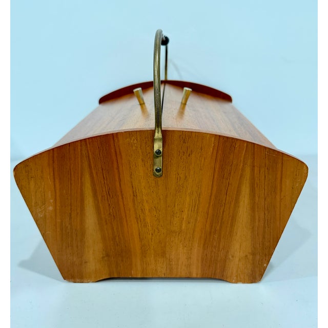 Mid-Century Teak Wood Sewing Tool Storage Box W/ Metal Handle Hinged 1950s MCM For Sale In Los Angeles - Image 6 of 10