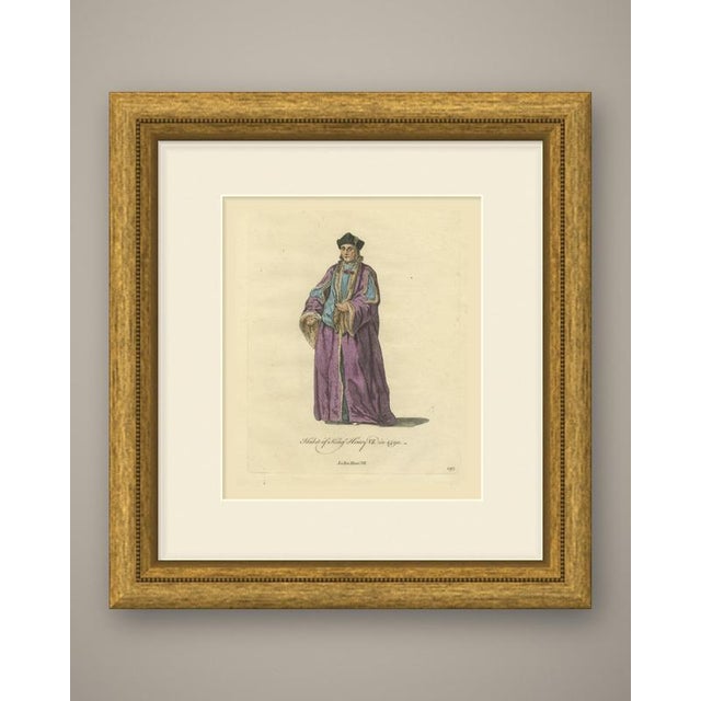 This is an original antique copper engraving with hand coloring, lettered in script "habit of king henry vii. In 1490."...