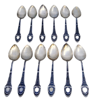 Silver Teaspoons with Monogram Cards and Embossed Handles, Set of 12