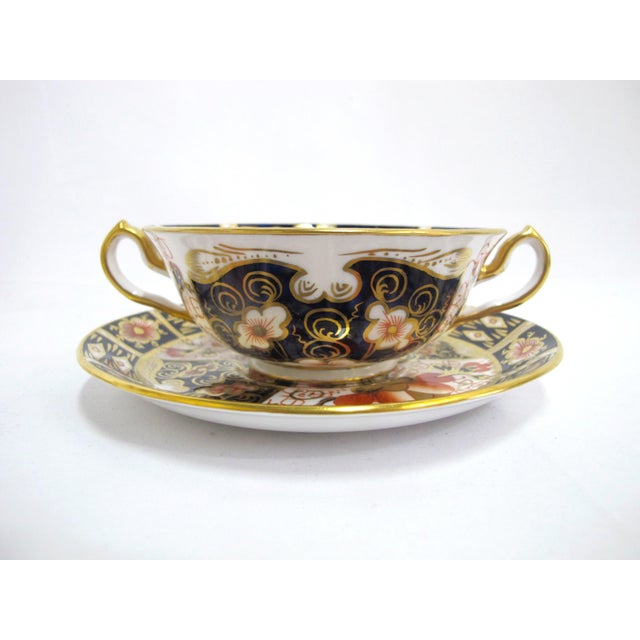 Gorgeous Royal Crown Derby bone china soup or cream bowl with handles and saucer pair (includes 2 bowls and 2 saucers) in...