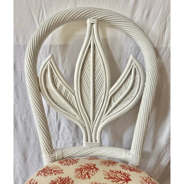 White Vintage Palm Beach Regency Braided Rattan Dining Chairs With Palm Leaf Motif - Newly Painted - Set of 6 For Sale - Image 8 of 11