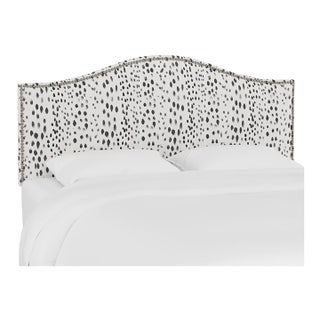 Full Camelback Headboard in Linen Leopard Ink with Pewter Nails For Sale