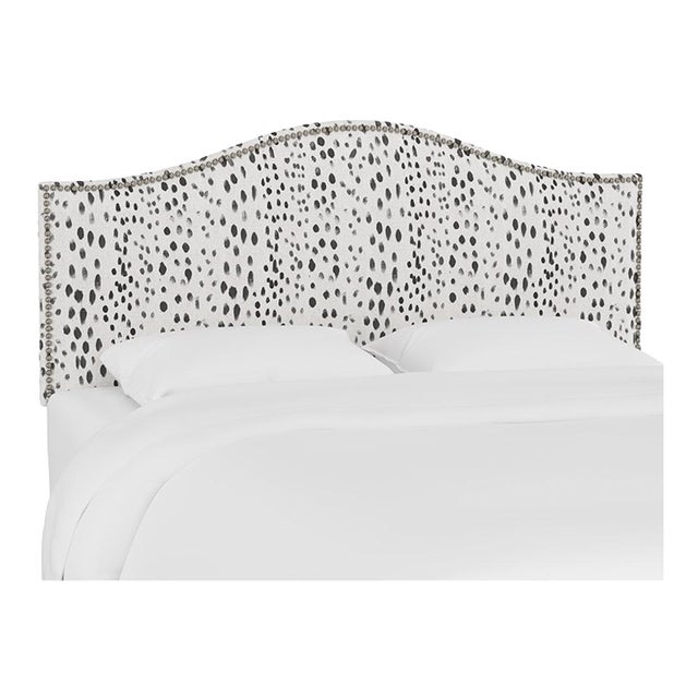 Full Camelback Headboard in Linen Leopard Ink with Pewter Nails For Sale