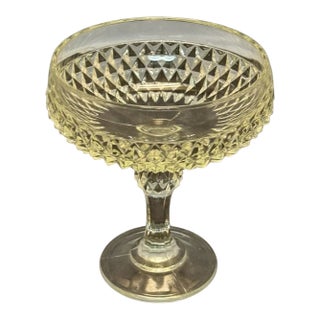Vintage Indiana Glass Pedestal Clear Compote Fruit Bowl Diamond Point 7.25” Tall For Sale