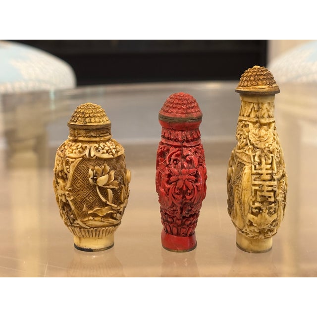 Ruby Red Vintage Chinese / Chinoiserie Style Relief Decorated Snuff Bottles - Set of 3 For Sale - Image 8 of 11