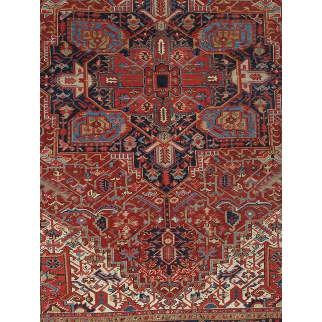 Antique Persian Heriz Carpet Handmade Wool Oriental Rug, Rusty/Red Field, Navy For Sale - Image 17 of 18