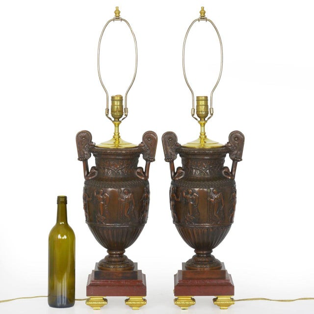 Circa 1900 Pair of Antique Bronze Sculpture Table Lamps W/ Greek