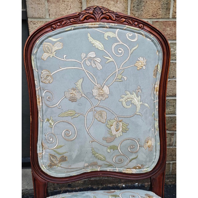 Early 21st Century Set of 4 Provincial Fruitwood and Embroidered Ultrasuede Upholstery Side Chairs For Sale - Image 5 of 10