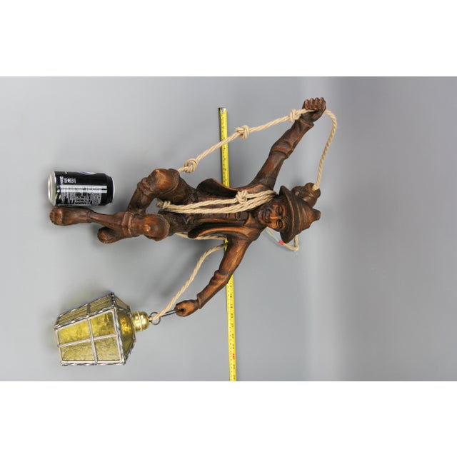 Large German Pendant Light Fixture with Carved Climber Figure and Lantern, 1930s For Sale - Image 17 of 18