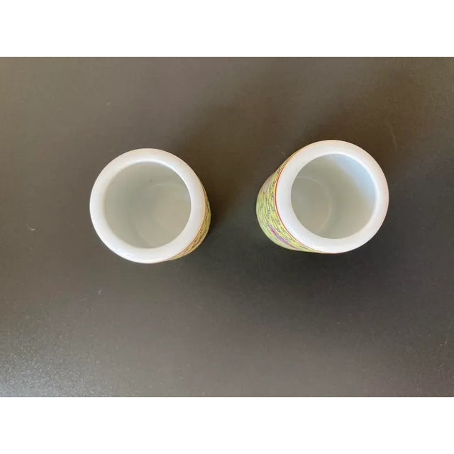 Antique Yellow Porcelain Toothpick Holders With Chinoiserie Pink Lotus Design- Set of 2 For Sale - Image 9 of 12