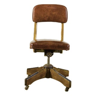 Vintage Swivel Office Chair in Wood and Tan Leather, 1900s For Sale