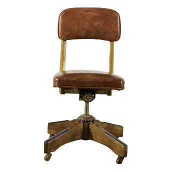Vintage Swivel Office Chair in Wood and Tan Leather, 1900s For Sale